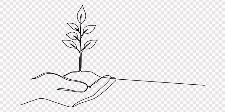 Two cupped hands gently holding a small green plant with leaves and soil, drawn in a continuous line art style, Continuous one line drawing of two hands cupped holding a small green plant sprout 