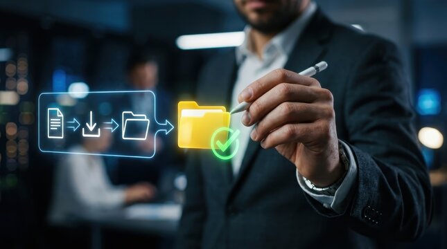 Professional businessman using digital stylus to manage cloud data storage and file organization systems in modern office environment, showcasing efficient document management and backup solutions now
