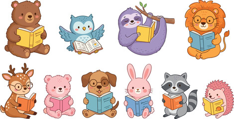 Fototapeta premium Cute Cartoon Baby Animals Reading Books Education Vector Illustration Set