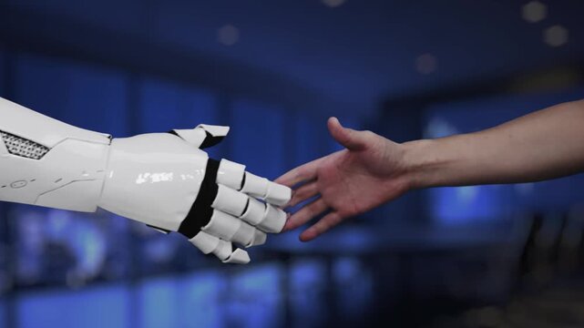 A robotic arm interacts with a digital interface showcasing icons relevant to data analysis and business growth, set in a modern office environment. Synapse