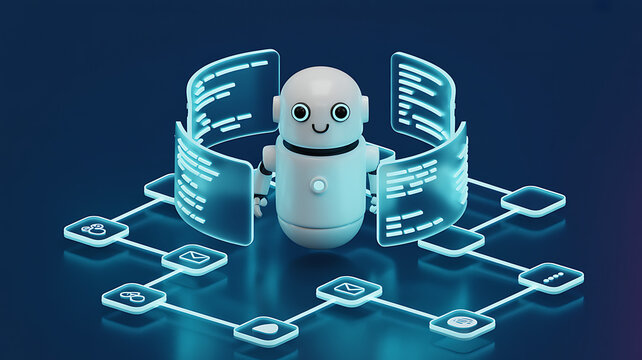 Cute white robot character with glowing blue data screens and network connections 3d render d