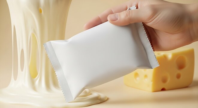 Hand presenting a blank white snack package mockup for product branding, against a delicious background of melted cheese and a block of Swiss cheese