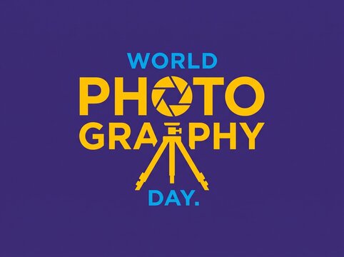 World Photography Day Typography Design with Camera Shutter Icon and Tripod Graphic on Purple Background