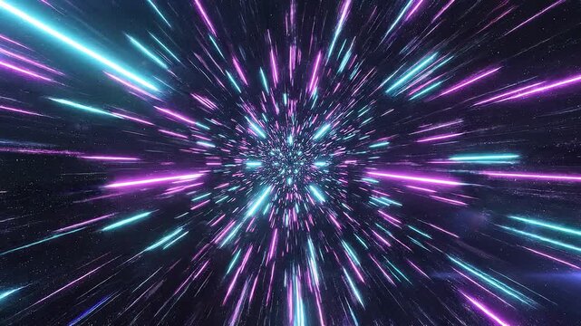 ネオンブルーとピンクの光が星空を駆け抜けるSF的なタイムトラベルと次元移動のVFX映像素材