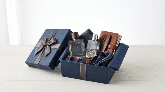 An elegantly arranged gift box brimming with premium men's accessories, including cologne bottles, a classic wristwatch, cufflinks, a wallet, and a tie.
