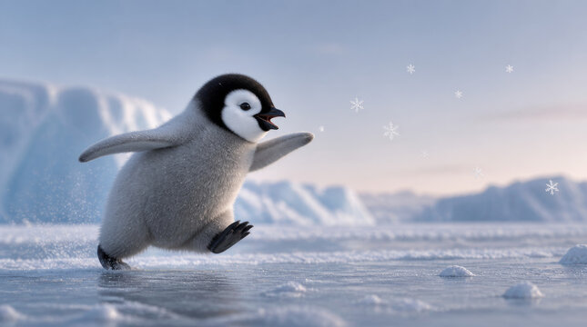 Playful penguin chick joyfully chases tiny snowflakes across serene icy landscape, creating whimsical winter scene