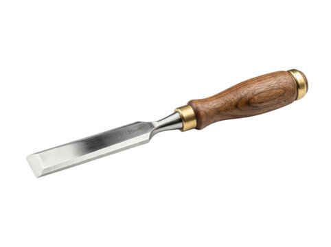 Sharp metal wood chisel with a brown wooden handle for carpentry and home repair