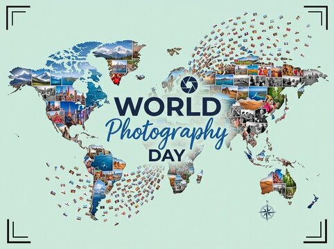World Photography Day Concept with Global Map Made of Photo Collages and Camera Shutter Icon on Light Background