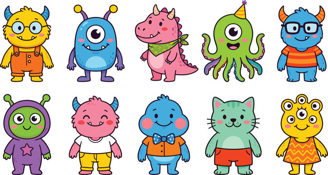Cute Cartoon Friendly Monsters and Little Aliens Vector Character Set