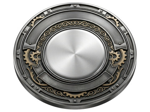 Round metallic steampunk gear badge with intricate mechanical engraved gold details