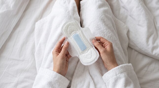 A woman holding a clean white sanitary pad while wearing soft robes  