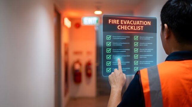 Safety Officer in Vest Pointing at Holographic Fire Evacuation Checklist in Building Exit Corridor