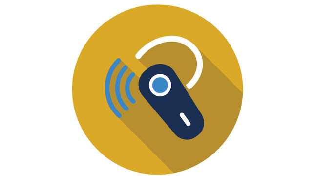 A modern wireless bluetooth earpiece icon featuring sleek blue and white design elements set inside a vibrant yellow circle