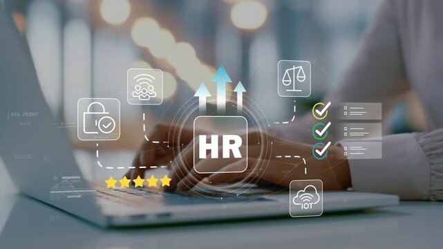 Diverse businesswoman in modern office using HR management platform with animated human resources icon, inclusive talent strategy, workforce growth and employee development