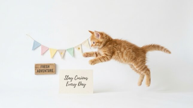Adorable ginger kitten jumping mid air near colorful bunting flags and motivational quotes. This energetic young cat captures the essence of