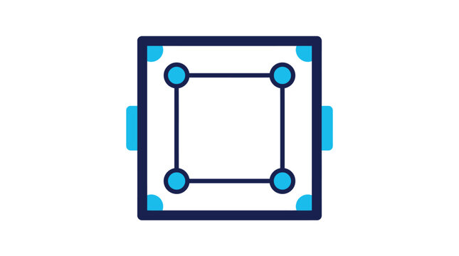 A flat vector icon of a carrom board featuring blue outlines and four circular pockets