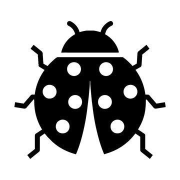 Minimalist silhouette icon of a ladybug featuring simple geometric shapes in solid black isolated on a white background, insect nature concept