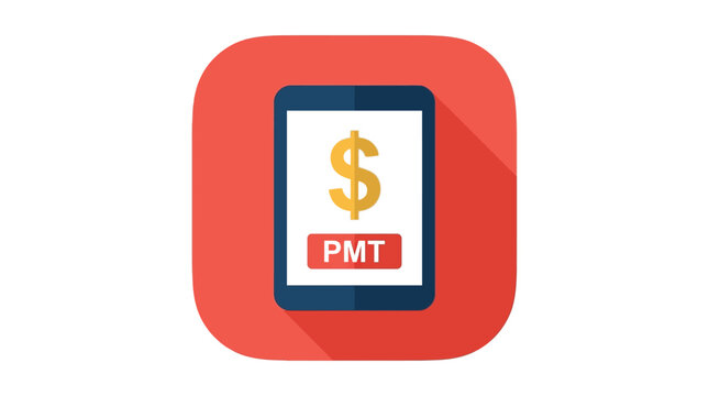 Flat digital tablet icon featuring a golden dollar symbol and payment text on red background
