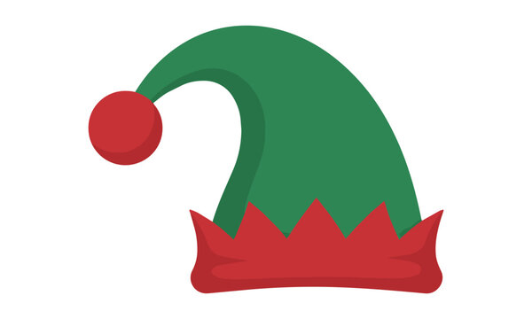A festive Christmas elf hat with a pom-pom and thick brim in vibrant green and crimson red, isolated on white. Holiday season concept