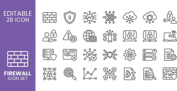 Network Firewall and Cybersecurity Line Icon Set - Editable Vector Icons for IP Blocking, Threat Protection, and Server Defense