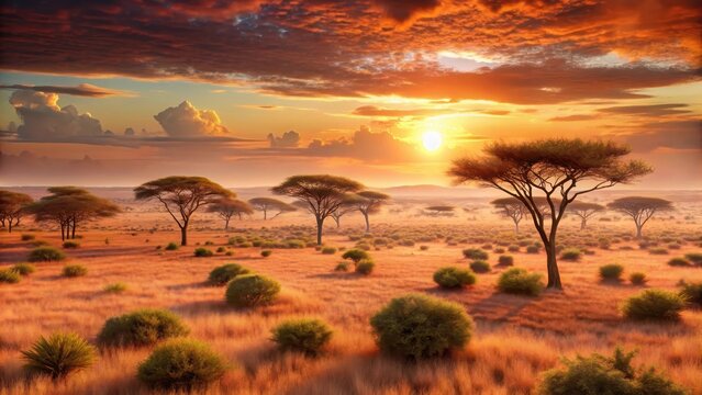 A desolate sunbaked savannah at dusk fading to warm hues of pale red and orange mottled with rough texture