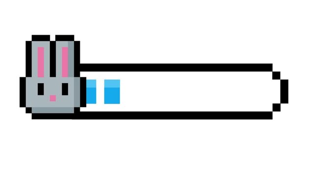Charming pixel art progress bar graphic featuring an adorable bunny character, ideal for retro gaming, digital loading screens, and captivating UI designs, symbolizing delightful progress