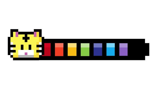 A charming pixel art tiger head adorning a vibrant, rainbow-colored progress bar, evoking a playful retro gaming aesthetic and digital achievement concept with a friendly animal mascot