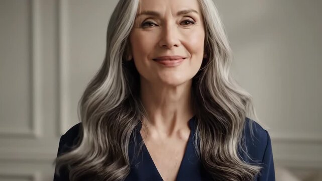 Close up material of smiling women, elegant gray haired women smiling