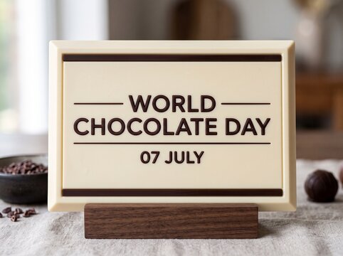 World Chocolate Day Sign on Wooden Stand with Cocoa Beans and Truffles in a Blurred Background