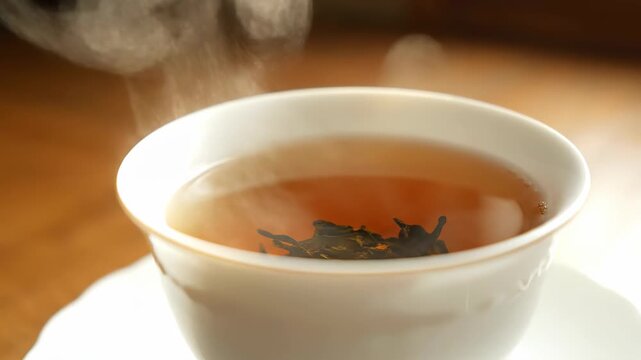 Close up of a steaming teacup, the mist rising from the hot teacup