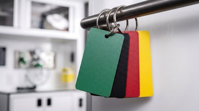 Colored medical triage tags hanging in an emergency room