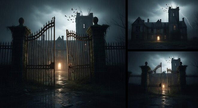 Spooky gothic castle stands behind a wrought iron gate under a dark night sky.