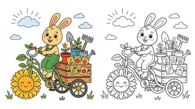 Coloring page book with cute rabbit riding cargo tricycle loaded with plants