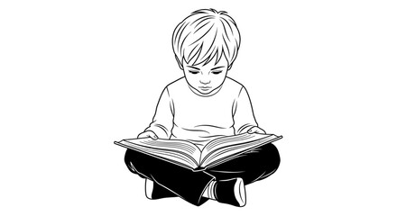 Black and white vector illustration of a young boy with blond hair sitting cross-legged, intently reading an open book. Education, childhood, and learning concept.