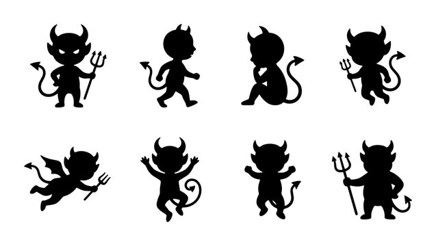 Cute Devil Silhouettes, Cartoon Imp Icons, Mischievous Demon Characters, Vector Set