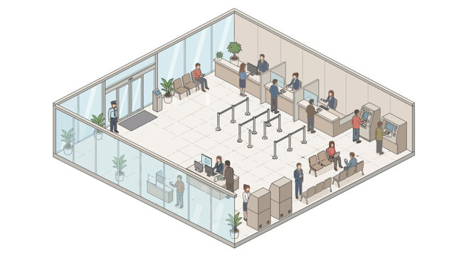 Isometric Bank Interior with Customers and Staff