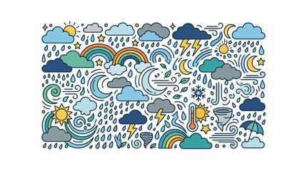 Naklejka premium Hand Drawn Weather Doodle Seamless Pattern with Clouds Sun and Rain Icons