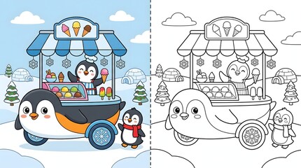 Fototapeta premium Cute Penguin Ice Cream Cart Coloring Page and Color Illustration for Kids