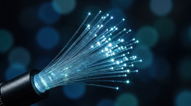 Fiber Optics Close-Up: A bundle of illuminated fiber optic strands glows brightly, emitting a soft blue light against a dark, bokeh-filled background.