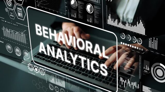 Hands Typing on Keyboard with Behavioral Analytics Data Visualization and Graphical Interface Elements. Asymptotic smart data analytic.