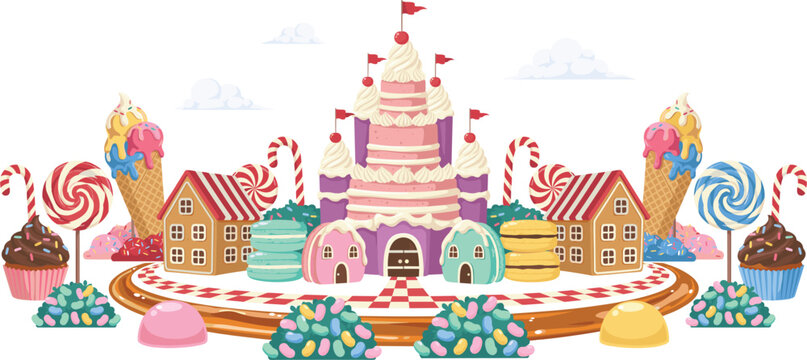 Fantasy Candy Land Kingdom Vector Illustration Featuring Sweet Cream Castle Gingerbread Houses Ice Cream Cones Lollipops Macarons Cupcakes and Jelly Bean Elements