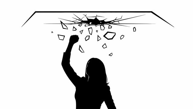 Vector silhouette illustration of a businesswoman punching through a glass ceiling, symbolizing career growth, breaking barriers, empowerment, and success.