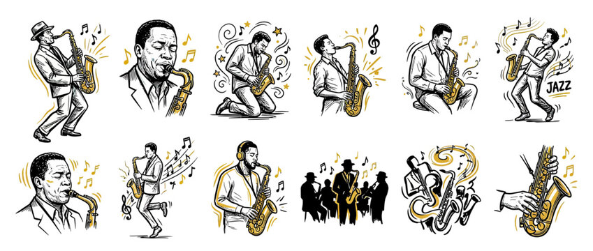 Vintage Jazz Musicians Playing Saxophone Illustrations