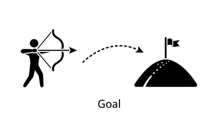 Black and white vector illustration of an archer shooting an arrow toward a flag on a hill, representing the goal concept. © Hafiz
