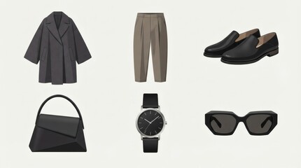 Naklejka premium Six Piece Japanese Minimalist Fashion Pack Architectural Coat Tapered Trousers