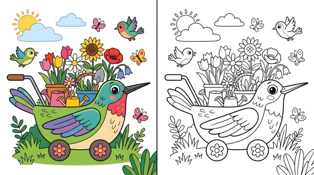 Kids coloring book page with a cute bird-shaped garden cart, flowers, and animals, featuring a color reference image