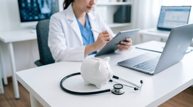 A doctor sitting at a desk with a white piggy bank and stethoscope   