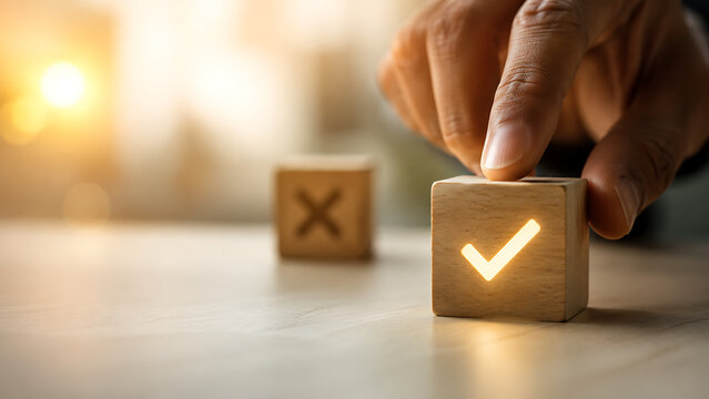Hand choosing wooden block with checkmark symbol during golden hour lighting concept