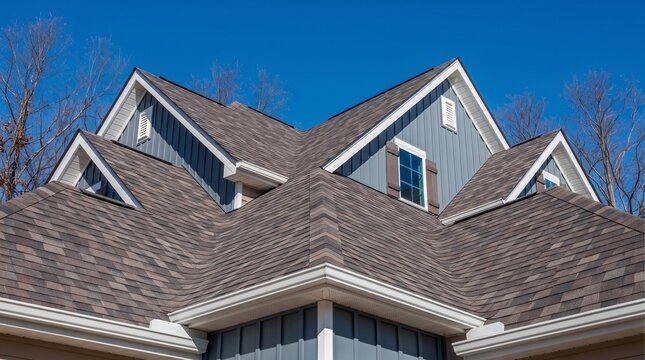 A low angle view of a blue modern home roof with shingles and siding 