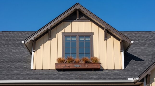A view of a house gable with a window featuring a rustic flower box  